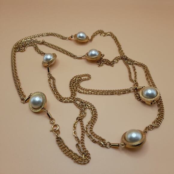Vintage Long Two Strand Necklace, 6 Double Sided Faux Pearls, Gold Plated, 52 In - Picture 8 of 10